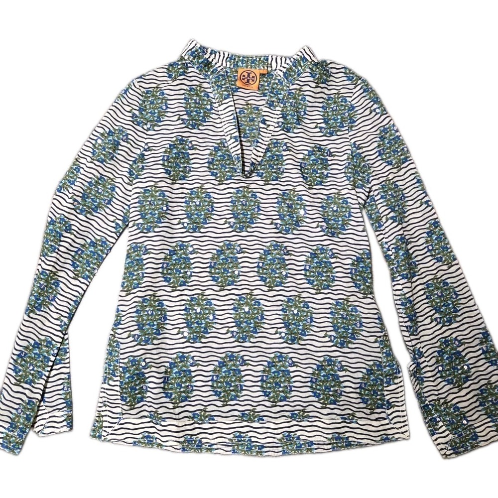 Tory Burch Tunic Shirt Size 4 Black Stripes Sequins Green Floral Accents Cotton
